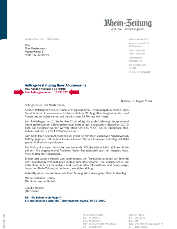 Abo-Bestätigungsbrief